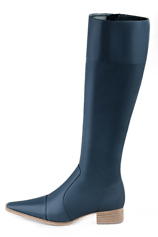 Denim blue women's riding knee-high boots. Tapered toe. Low leather soles. Made to measure. Profile view - Florence KOOIJMAN